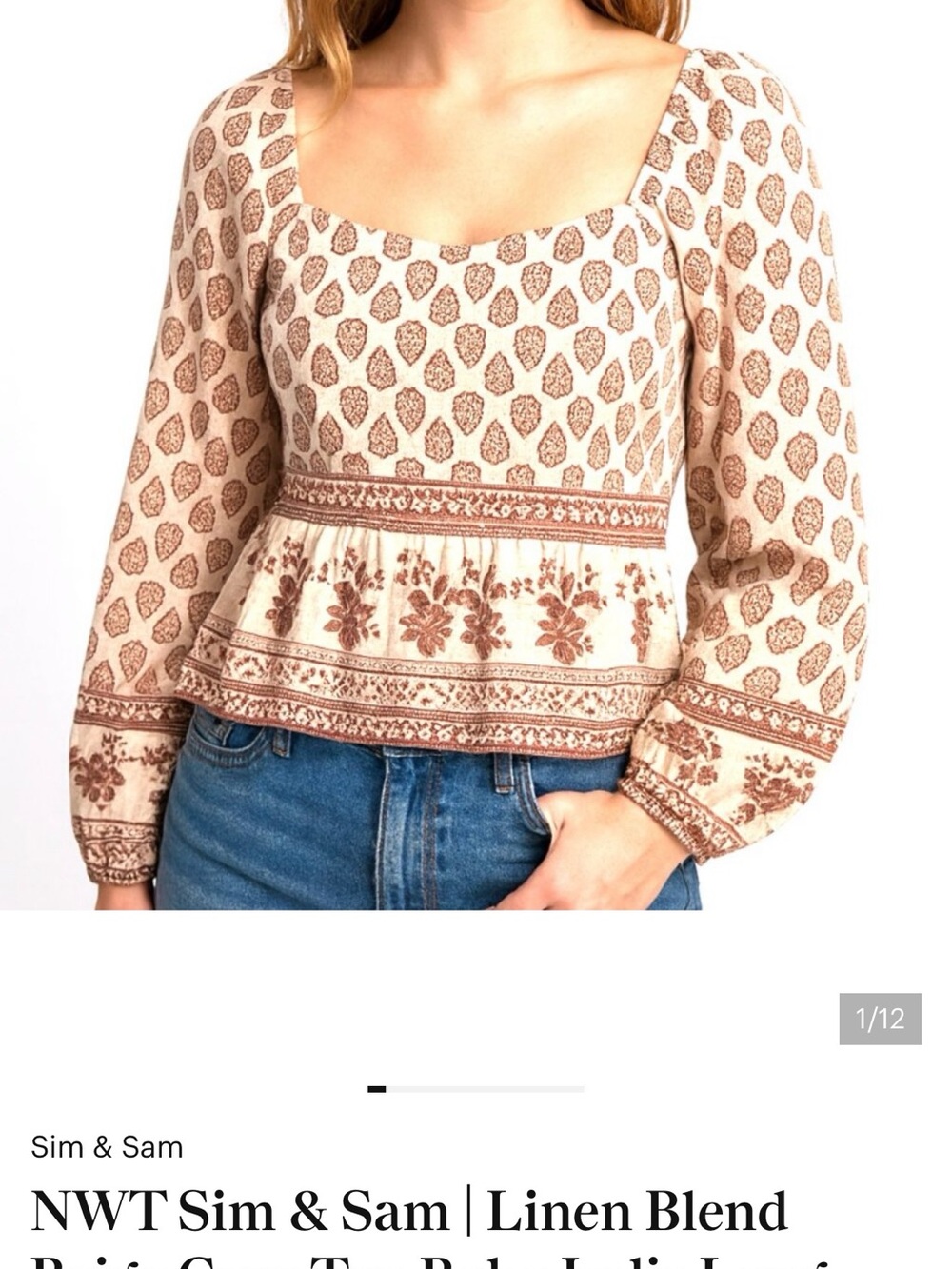 NWT Sim & Sam | Linen Blend Beige Crop Top Boho Indie Long Sleeve | Size Large